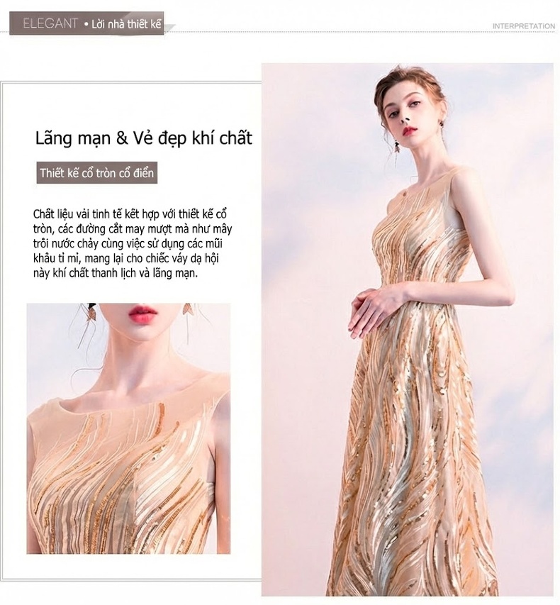 Đầm Dạ Hội Nữ Dáng Dài Lấp Lánh Sang Trọng Màu Vàng Gold chi tiết 2