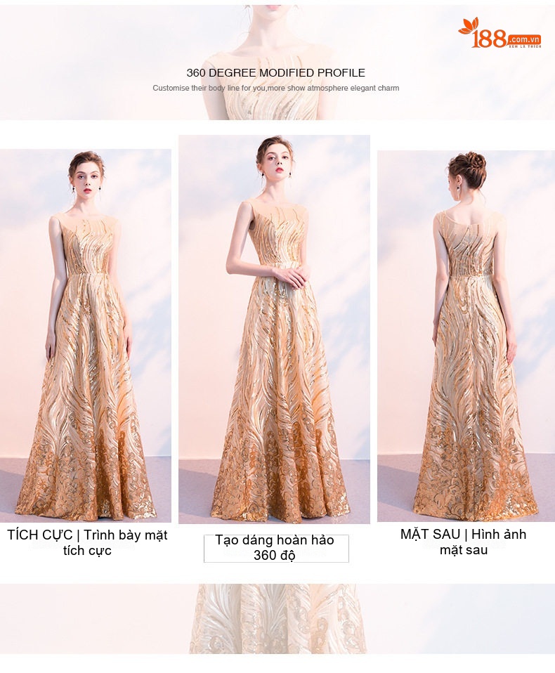 Đầm Dạ Hội Nữ Dáng Dài Lấp Lánh Sang Trọng Màu Vàng Gold chi tiết 3