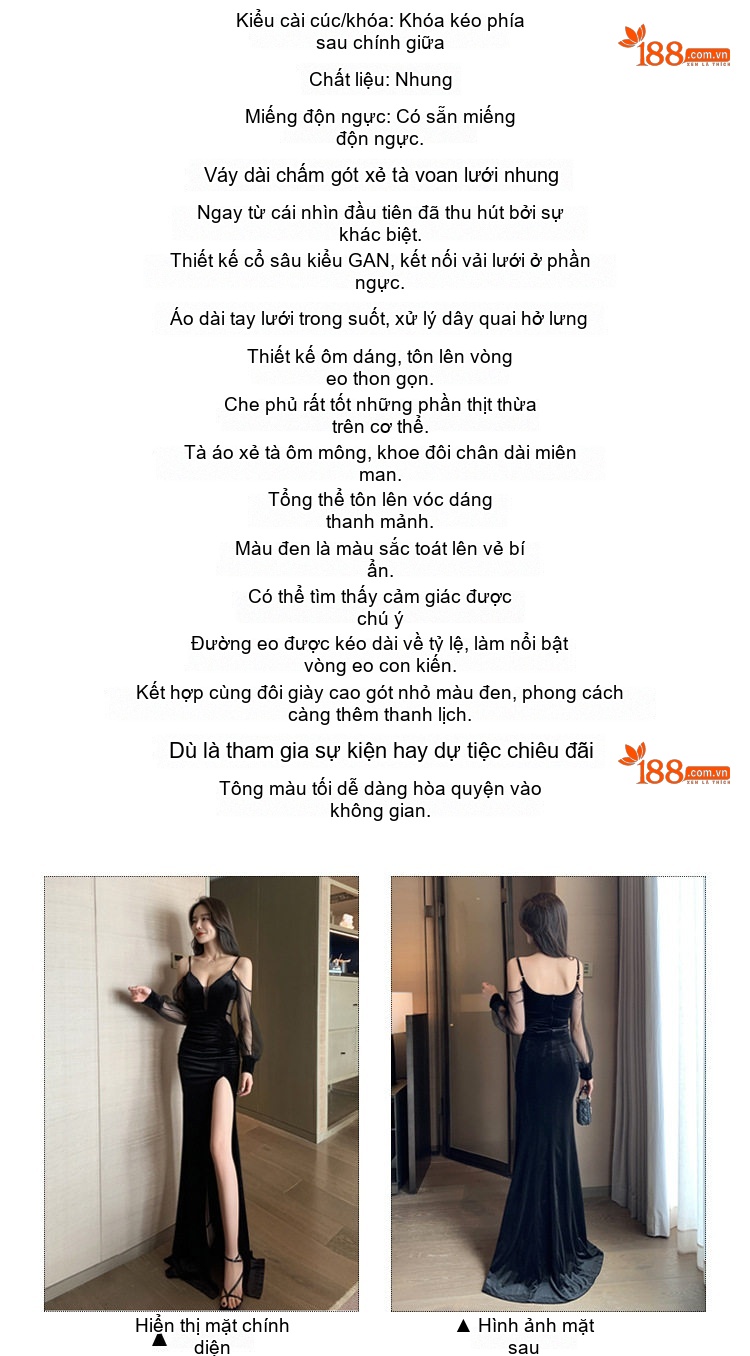 Đầm Dạ Hội Nữ Dáng Dài Xẻ Tà Cổ chữ V Sâu Hở Lưng Chất Liệu Nhung Lưới Màu Đen chi tiết 3