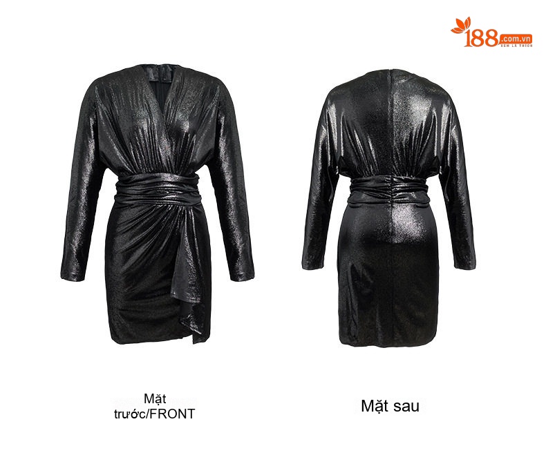 Đầm Dạ Hội Nữ Tay Dài Bề Mặt Bóng Eo Thun Thiết Kế Bất Đối Xứng Màu Đen chi tiết 3