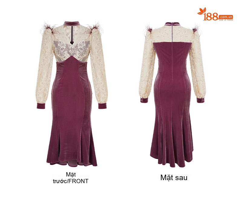 Đầm Dạ Hội Nữ V Cổ Tay Bồng Phối Ren Eo Ôm Dáng Đuôi Cá Màu Tím chi tiết 4