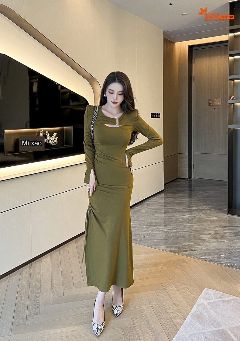 Đầm Dài Nữ Tay Dài Ôm Dáng Xẻ Tà Phong Cách Thanh Lịch Màu Xanh Olive chi tiết 19