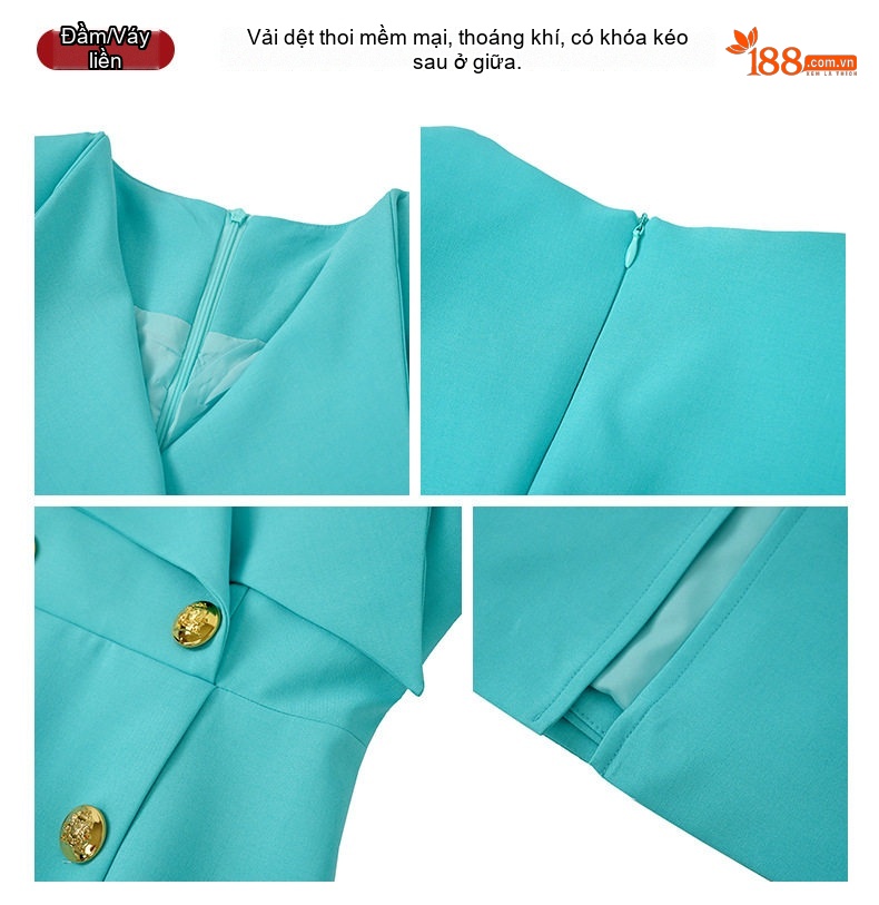 Đầm Dài Tay Dài Cổ chữ Vest Công Sở Thắt Eo Dáng Ôm Màu Xanh chi tiết 3