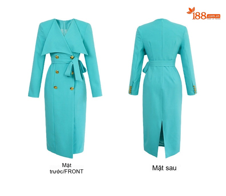 Đầm Dài Tay Dài Cổ chữ Vest Công Sở Thắt Eo Dáng Ôm Màu Xanh chi tiết 4