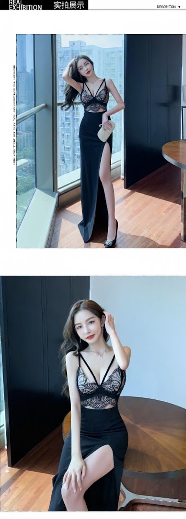 Đầm Dây Nữ Xẻ Tà Dự Tiệc Dáng Dài Ôm Body Phối Ren Ngực Quyến Rũ Màu Đen chi tiết 3