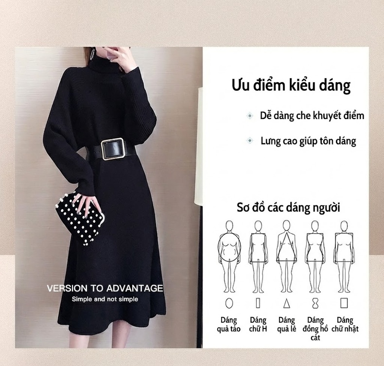 Đầm Dệt Kim Nữ Dài Tay Cổ Cao Thắt Eo dáng chữ A Màu Đen chi tiết 5