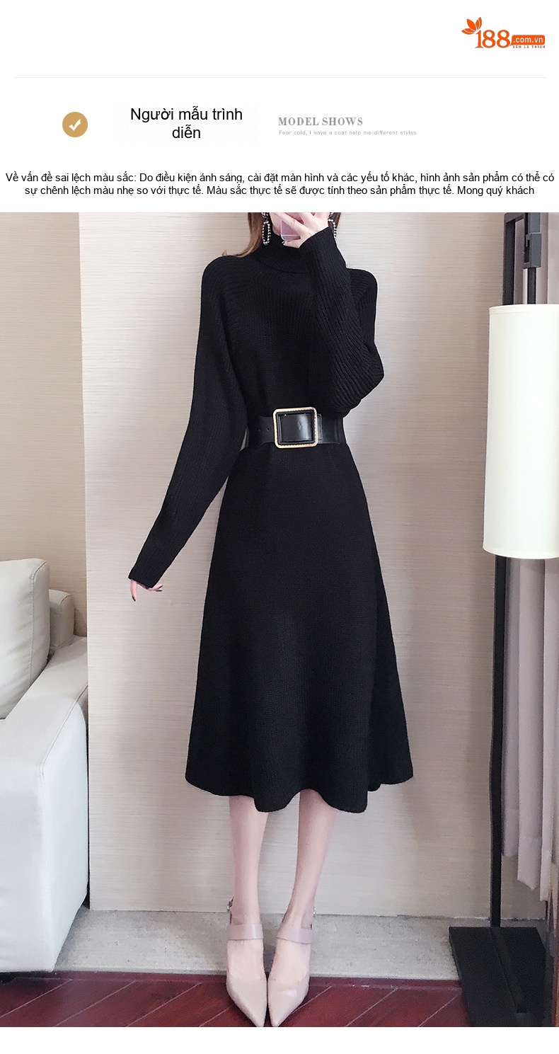 Đầm Dệt Kim Nữ Dài Tay Cổ Cao Thắt Eo dáng chữ A Màu Đen chi tiết 8