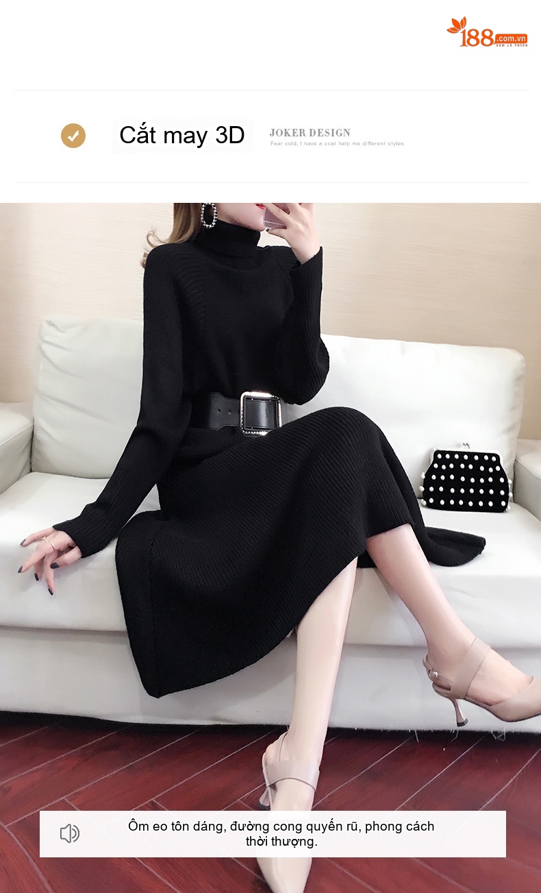 Đầm Dệt Kim Nữ Dài Tay Cổ Cao Thắt Eo dáng chữ A Màu Đen chi tiết 4