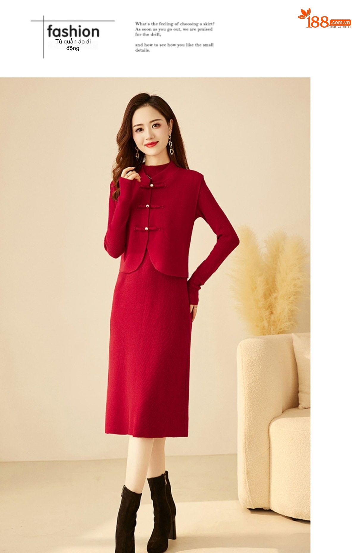 Đầm Dệt Kim Nữ Hai Mảnh Áo Khoác Gile Phong Cách Trung Hoa Cổ Điển Màu Nâu, Đỏ, Xanh Dương chi tiết 18