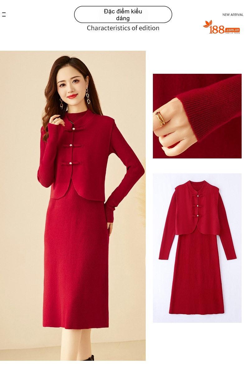 Đầm Dệt Kim Nữ Hai Mảnh Áo Khoác Gile Phong Cách Trung Hoa Cổ Điển Màu Nâu, Đỏ, Xanh Dương chi tiết 4