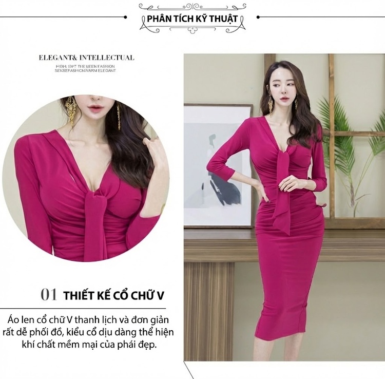 Đầm Dự Tiệc Dáng Bút Chì Cổ chữ V Thắt Eo Thanh Lịch Màu Hồng Tím chi tiết 2