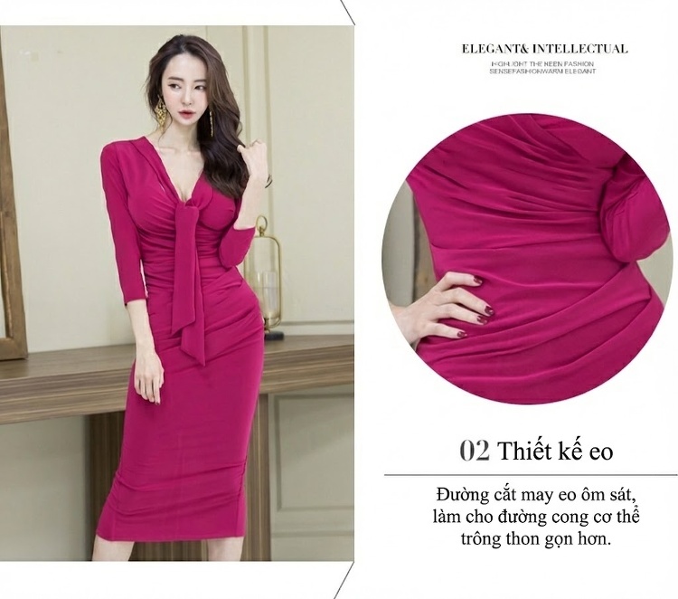 Đầm Dự Tiệc Dáng Bút Chì Cổ chữ V Thắt Eo Thanh Lịch Màu Hồng Tím chi tiết 3