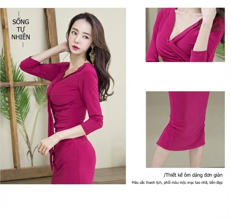 Đầm Dự Tiệc Dáng Bút Chì Cổ chữ V Thắt Eo Thanh Lịch Màu Hồng Tím chi tiết 8