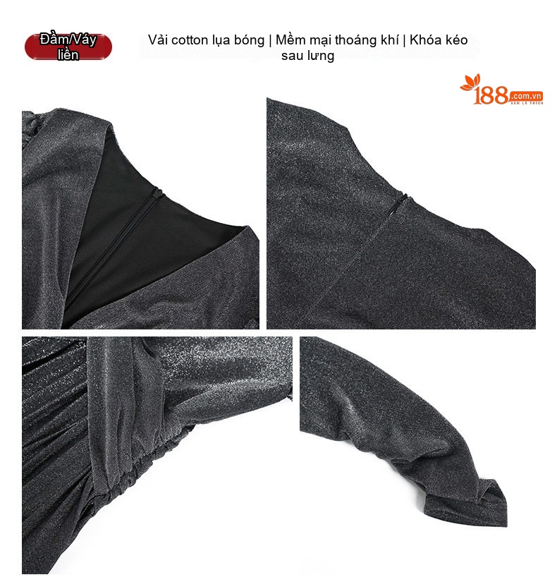 Đầm Dự Tiệc Nữ Dáng Dài V-Neck Eo Cao Xếp Ly Lụa Sáng Màu Đen, Xám, Xanh, Đỏ... chi tiết 4