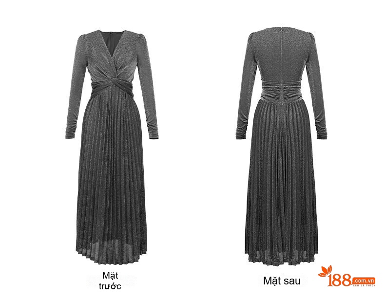 Đầm Dự Tiệc Nữ Dáng Dài V-Neck Eo Cao Xếp Ly Lụa Sáng Màu Đen, Xám, Xanh, Đỏ... chi tiết 8