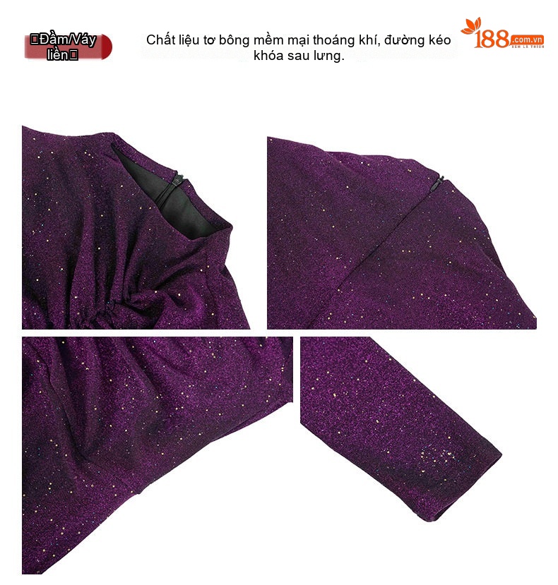 Đầm Dự Tiệc Nữ Dáng Ôm Thiết Kế Cổ Điển Xếp Ly Che Bụng Xẻ Tà Lấp Lánh Màu Nâu, Tím chi tiết 4