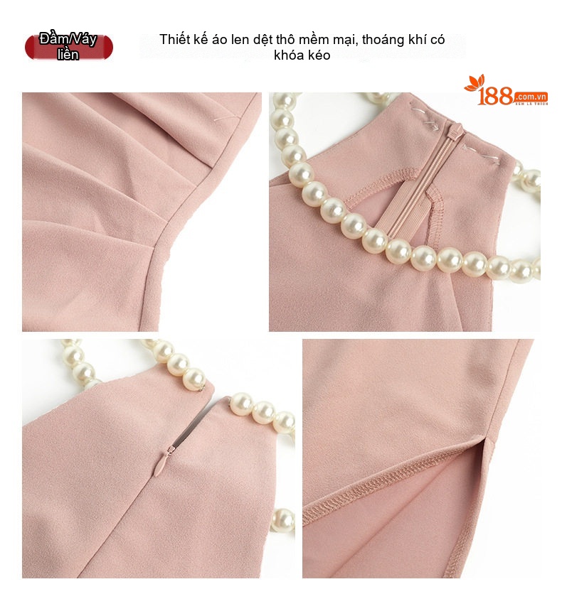 Đầm Dự Tiệc Nữ Hở Vai Cổ Yếm Dáng Ôm Quyến Rũ Màu Đen, Hồng chi tiết 4