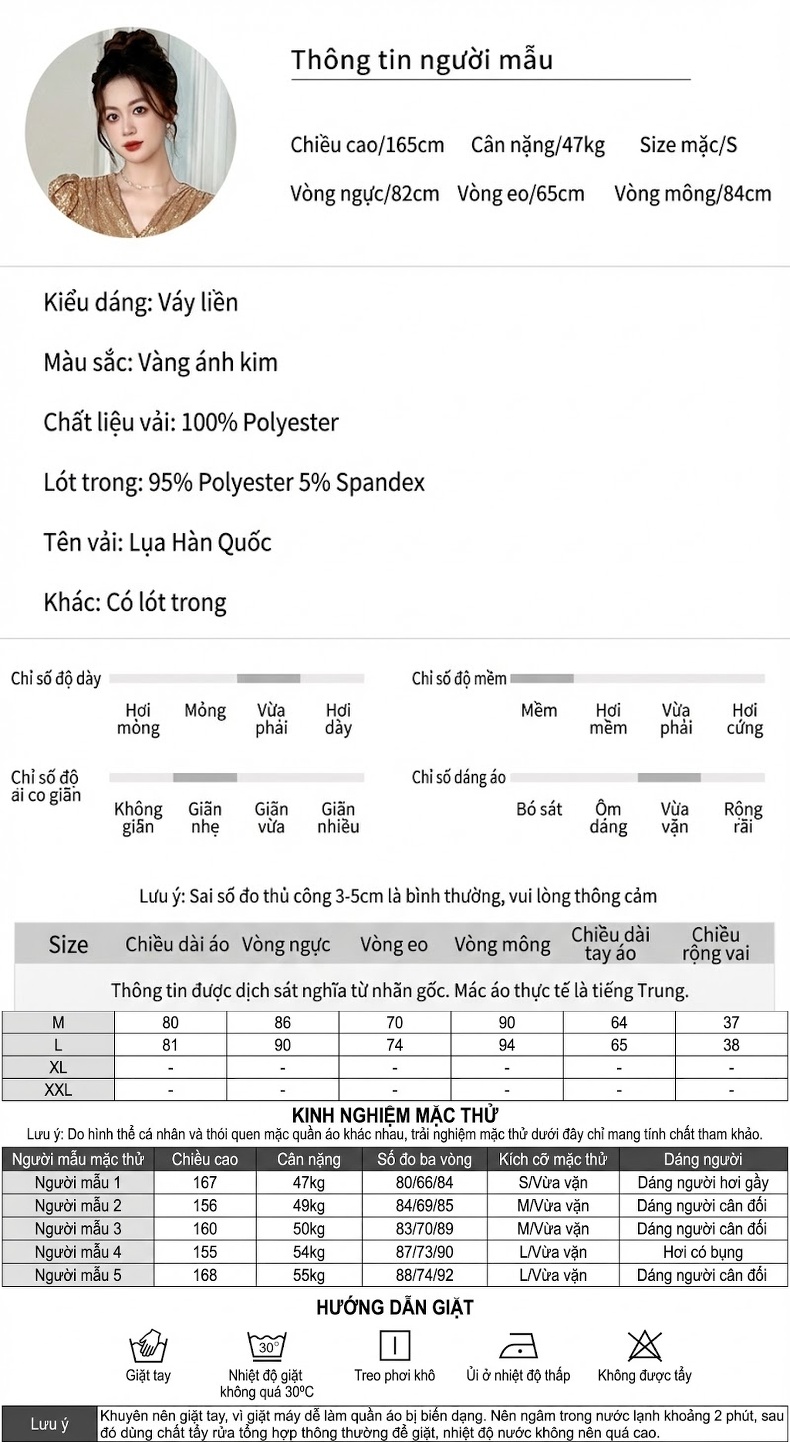Đầm Dự Tiệc Nữ V Cổ Tay Bồng Thiết Kế Nhún Eo Dáng Ôm Đuôi Cá Màu Vàng Đồng chi tiết 2