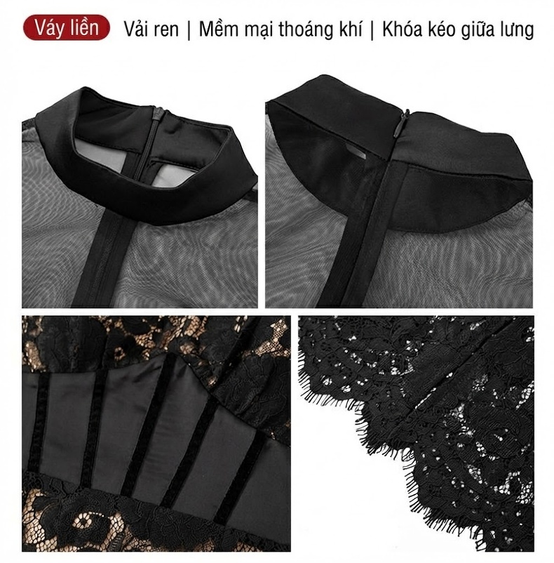 Đầm Dự Tiệc Ren Ôm Body Dáng Dài Tay Dài Phong Cách Pháp Màu Đen chi tiết 4