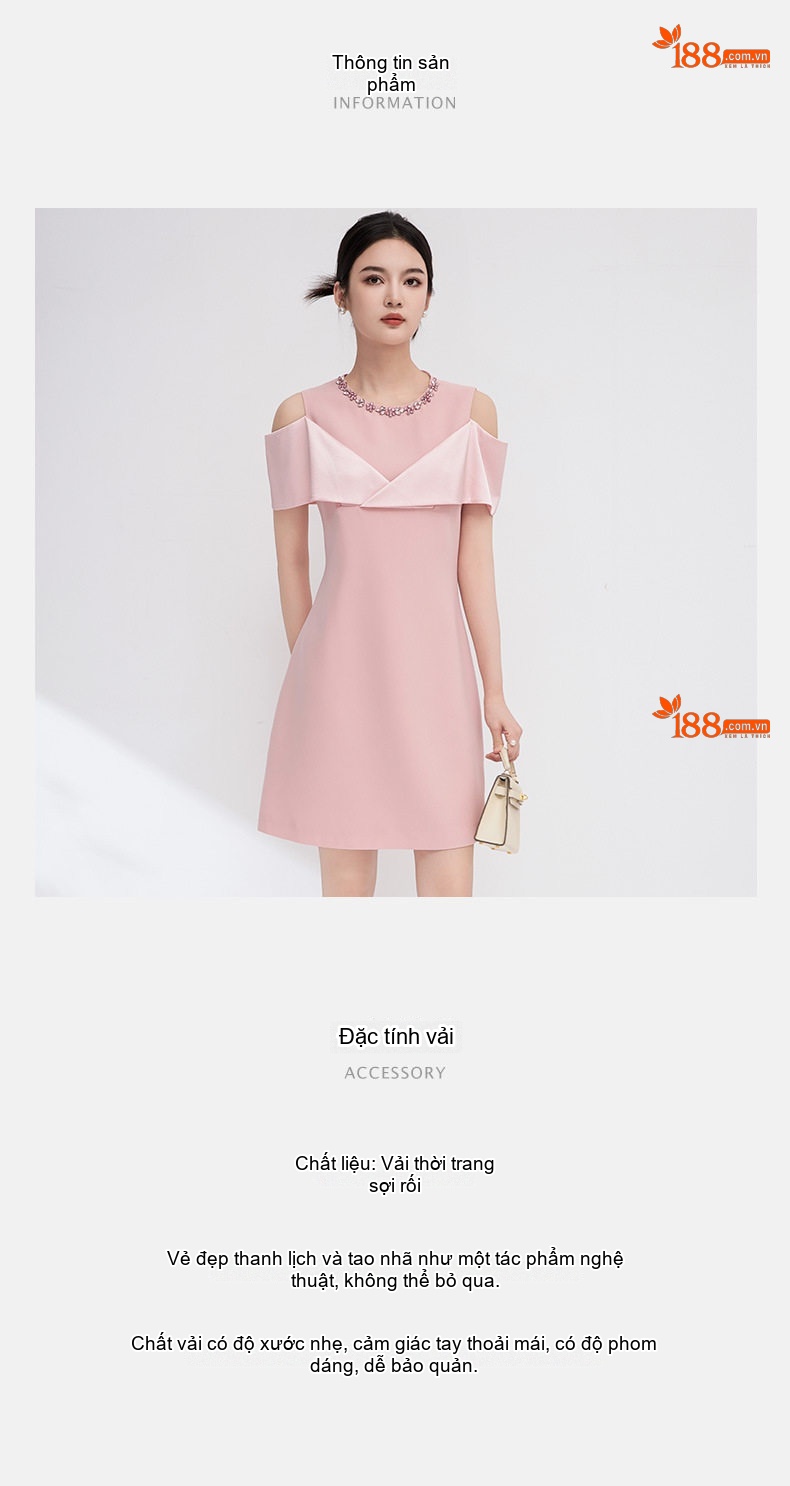 Đầm Hở Vai Nữ Đính Đá Phong Cách Quý Cô Thanh Lịch Màu Hồng, Trắng, Đen chi tiết 3
