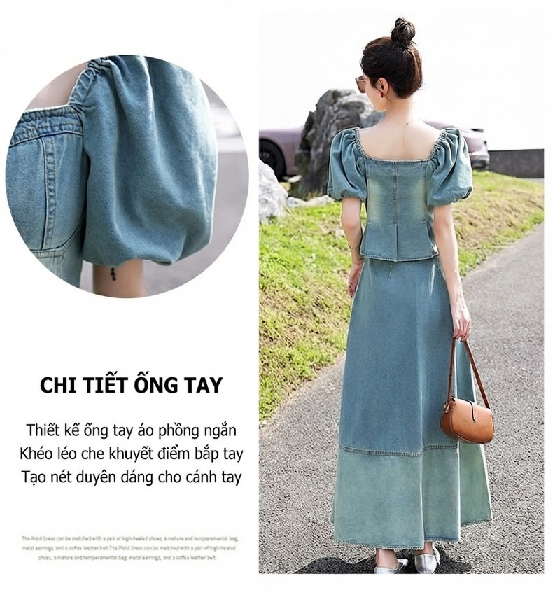 Đầm Jean Băng Lụa Nữ Hai Món Thiết Kế Áo Và Chân Váy Dáng Dài Thanh Lịch Màu Xanh Jean chi tiết 8