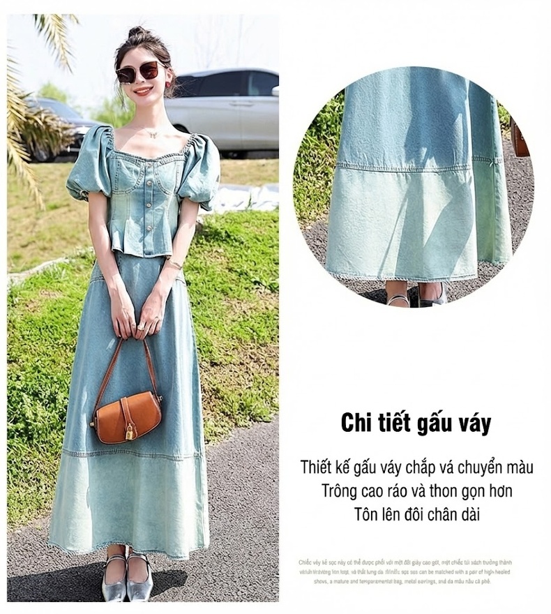 Đầm Jean Băng Lụa Nữ Hai Món Thiết Kế Áo Và Chân Váy Dáng Dài Thanh Lịch Màu Xanh Jean chi tiết 9