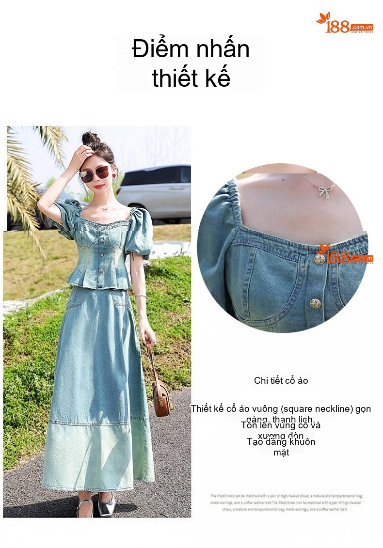 Đầm Jean Băng Lụa Nữ Hai Món Thiết Kế Áo Và Chân Váy Dáng Dài Thanh Lịch Màu Xanh Jean chi tiết 7