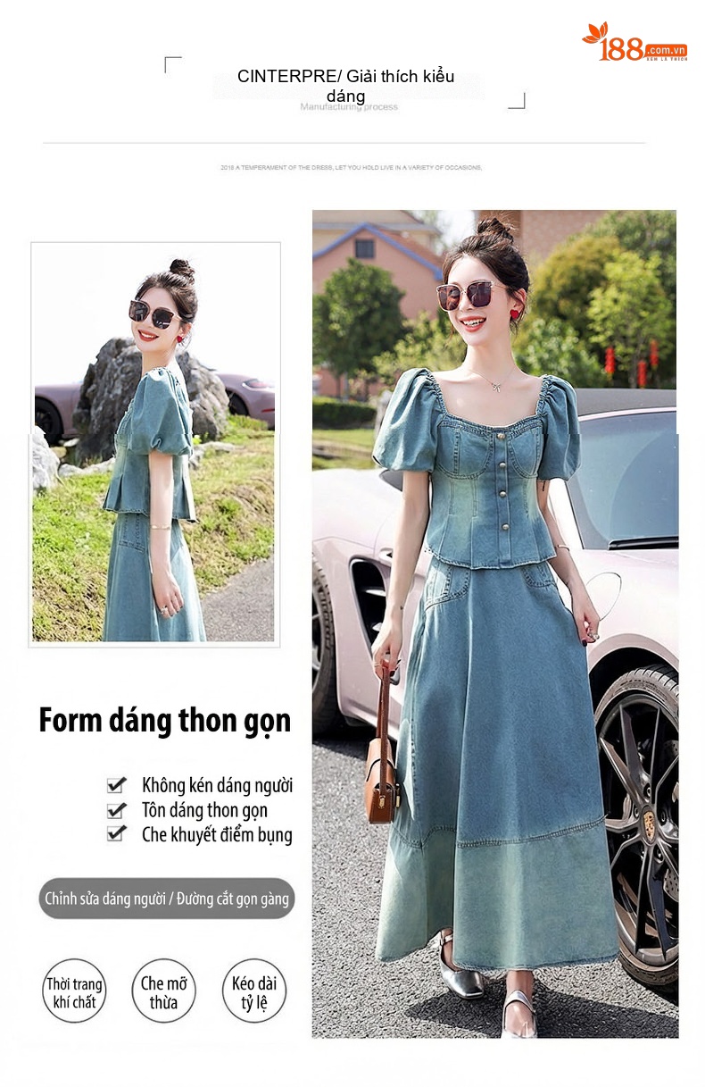 Đầm Jean Băng Lụa Nữ Hai Món Thiết Kế Áo Và Chân Váy Dáng Dài Thanh Lịch Màu Xanh Jean chi tiết 10