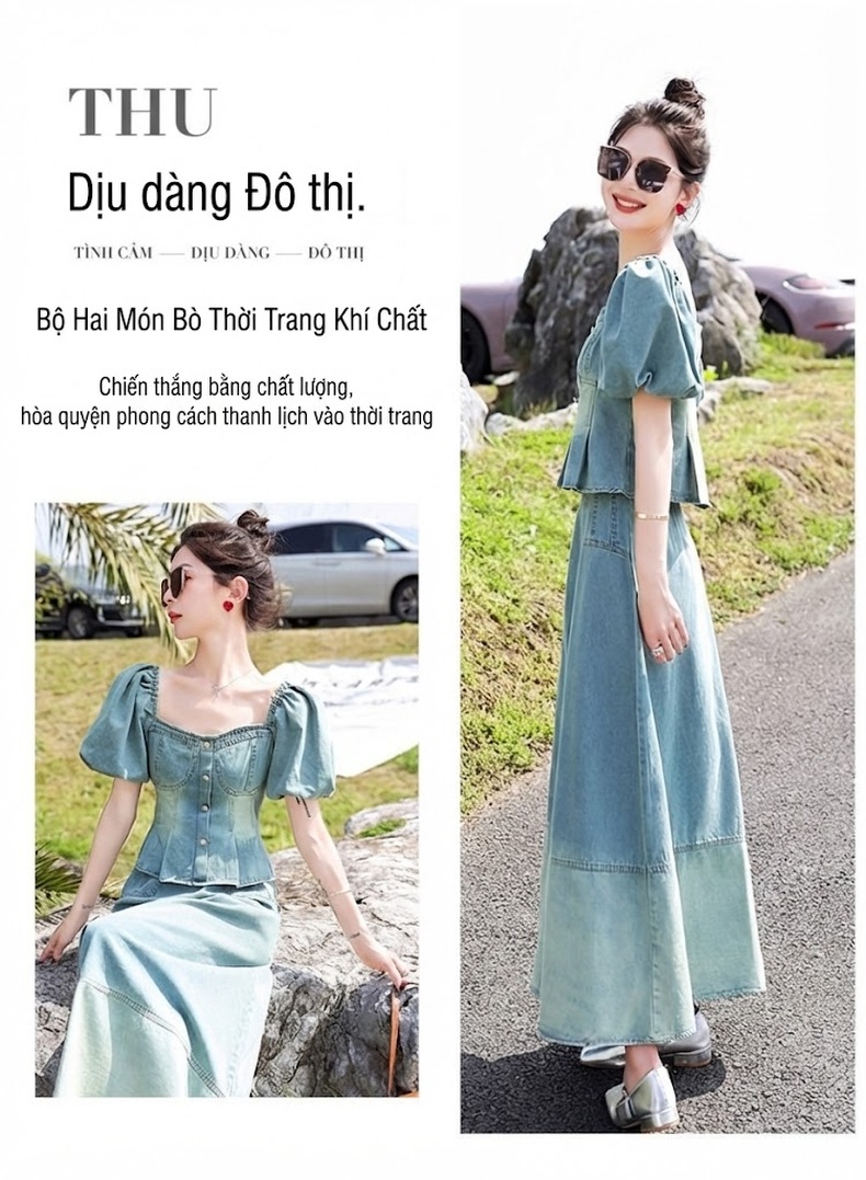 Đầm Jean Băng Lụa Nữ Hai Món Thiết Kế Áo Và Chân Váy Dáng Dài Thanh Lịch Màu Xanh Jean chi tiết 6