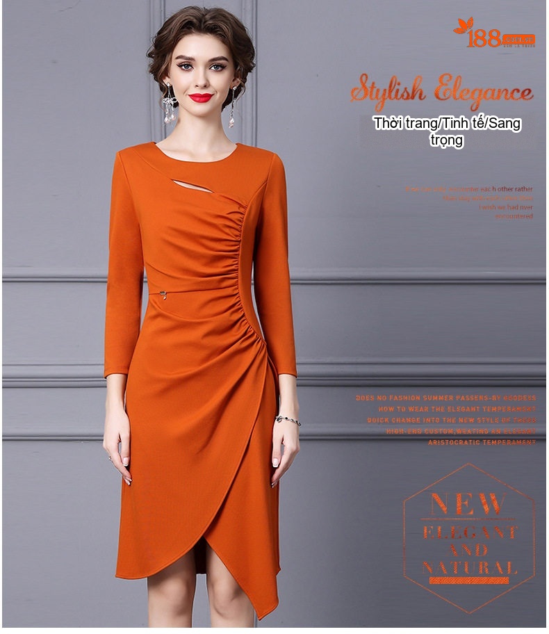 Đầm Liền Nữ Dài Tay Thiết Kế Xếp Ly Bất Đối Xứng Ôm Hông Màu Cam, Đen chi tiết 17