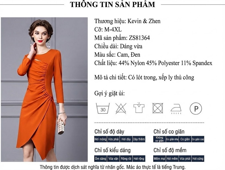 Đầm Liền Nữ Dài Tay Thiết Kế Xếp Ly Bất Đối Xứng Ôm Hông Màu Cam, Đen chi tiết 18