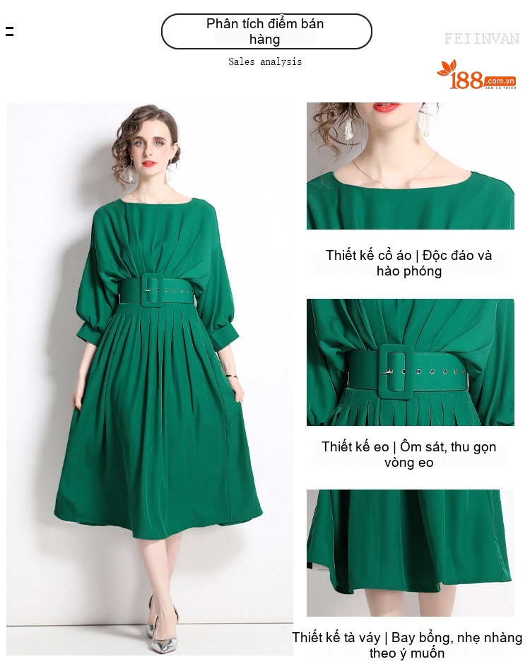 Đầm Midi Nữ Hở Vai Tay Phồng Thắt Eo Phong Cách Pháp Màu Xanh Lá chi tiết 2
