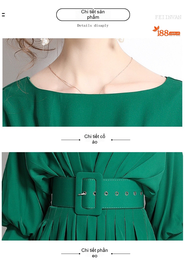 Đầm Midi Nữ Hở Vai Tay Phồng Thắt Eo Phong Cách Pháp Màu Xanh Lá chi tiết 17