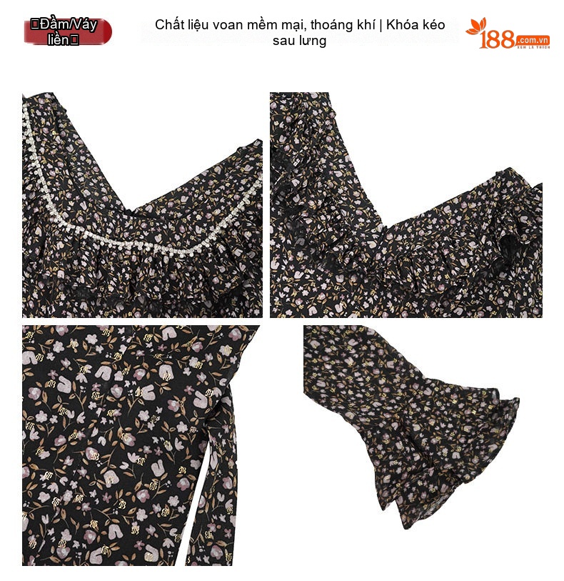 Đầm Midi Nữ Tay Loa Cổ chữ Vuông Viền Bèo Nhún Dáng Ôm Họa Tiết Hoa Nhỏ chi tiết 3