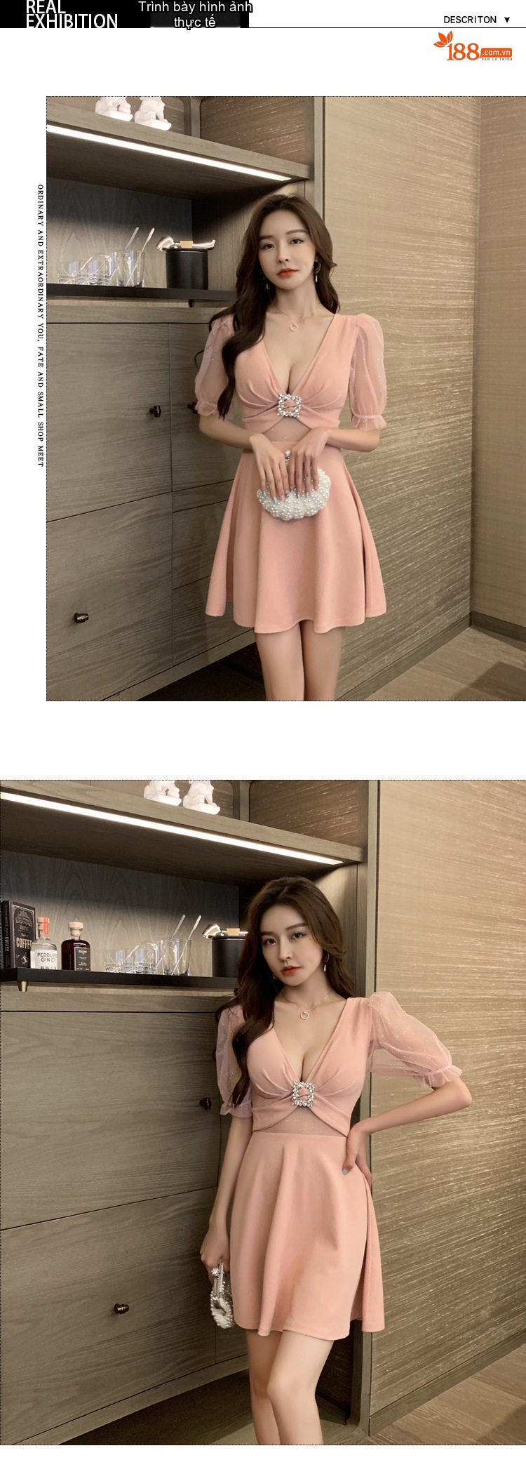 Đầm Ngắn Tay Phồng Cổ chữ V Xẻ Sâu Lưới Trong Suốt Thiết Kế Hở Eo Màu Hồng, Đen, Trắng chi tiết 4