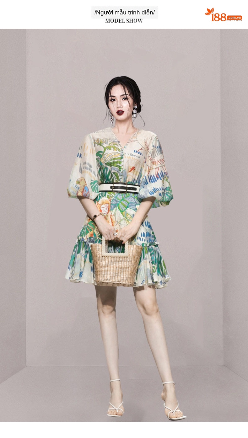 Đầm Nữ Tay Phồng Họa Tiết Vintage Thắt Eo Thanh Lịch chi tiết 3