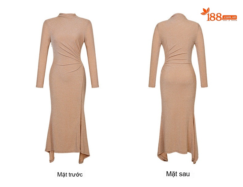 Đầm Ôm Body Dài Tay Cổ Cao Xẻ Tà Kiểu Pháp Màu Nâu, Be chi tiết 7