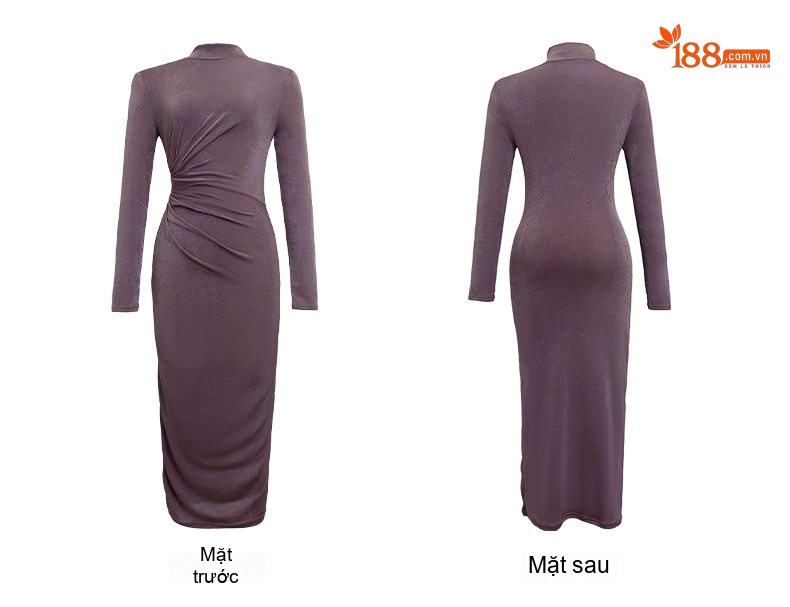 Đầm Ôm Body Dài Tay Cổ Lọ Dáng Dài Chiết Ly Tôn Dáng Màu Đen, Tím chi tiết 5