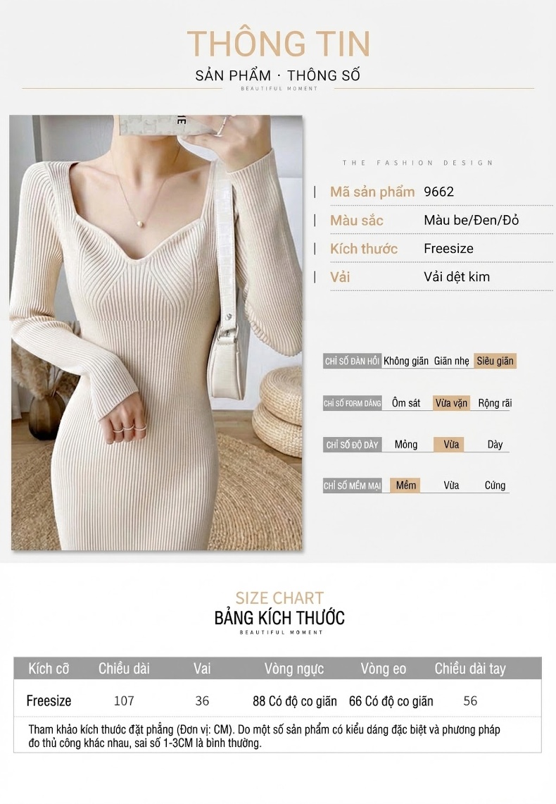 Đầm Ôm Body Dệt Kim Cổ chữ Vuông Tay Dài Phong Cách Pháp Màu Kem, Đỏ, Đen chi tiết 1