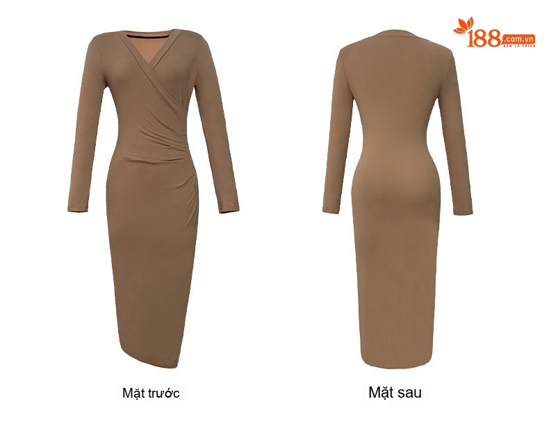 Đầm Ôm Body Nữ Cổ chữ V Dài Tay Màu Đen, Nude chi tiết 6