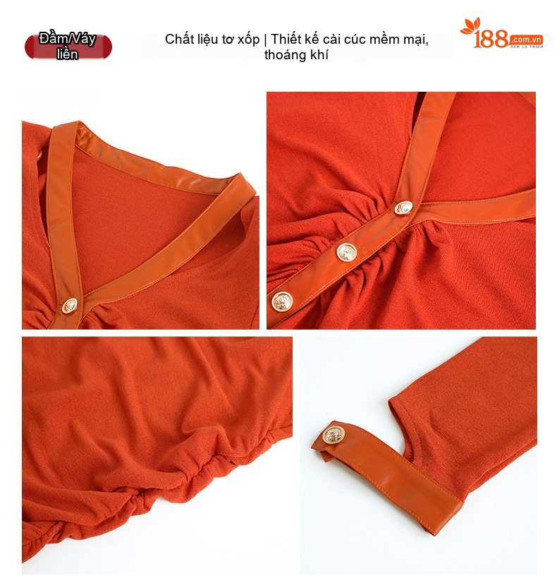 Đầm Ôm Body Nữ Cổ Chữ V Tay Dài Phong Cách Gợi Cảm Màu Đen, Đỏ Cam chi tiết 3