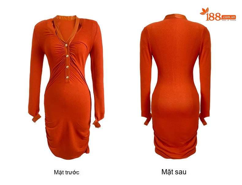 Đầm Ôm Body Nữ Cổ Chữ V Tay Dài Phong Cách Gợi Cảm Màu Đen, Đỏ Cam chi tiết 4