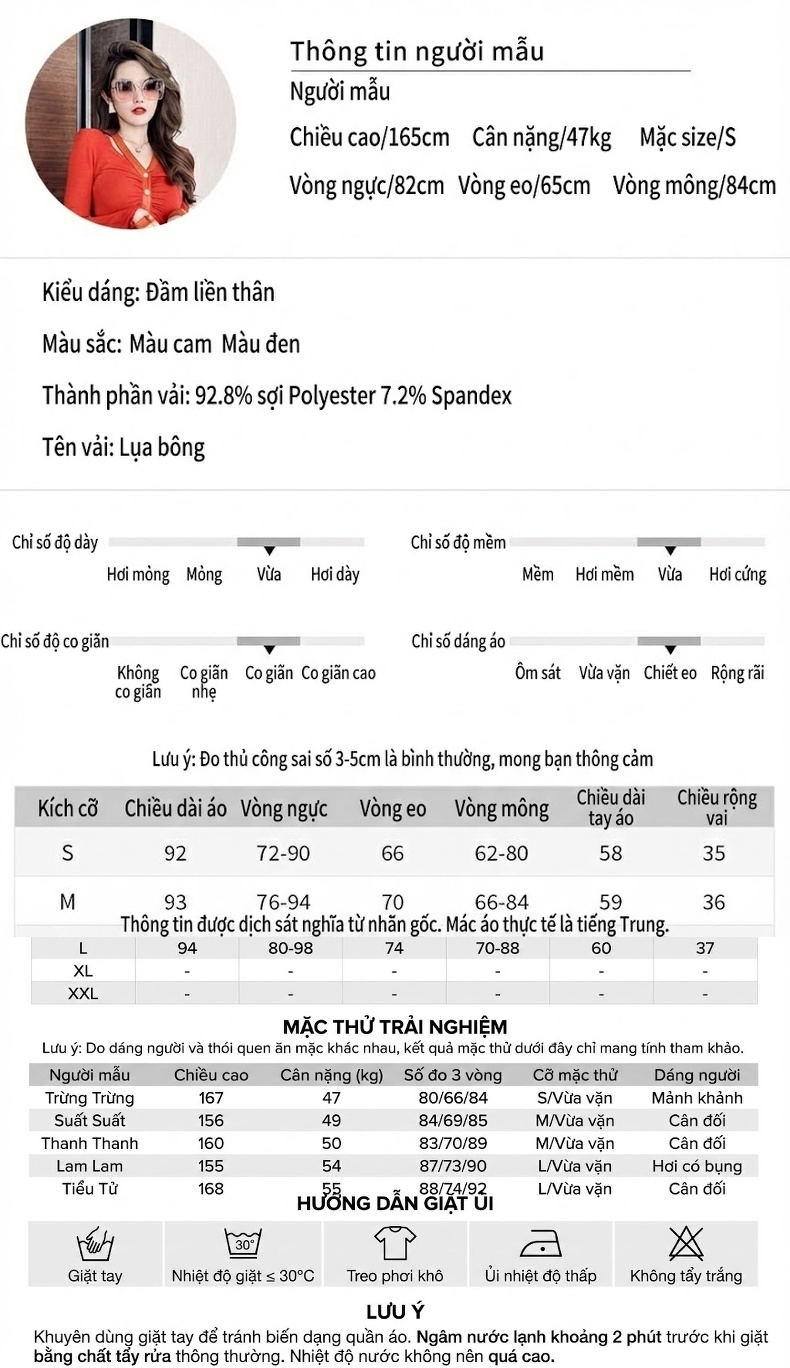 Đầm Ôm Body Nữ Cổ Chữ V Tay Dài Phong Cách Gợi Cảm Màu Đen, Đỏ Cam chi tiết 1