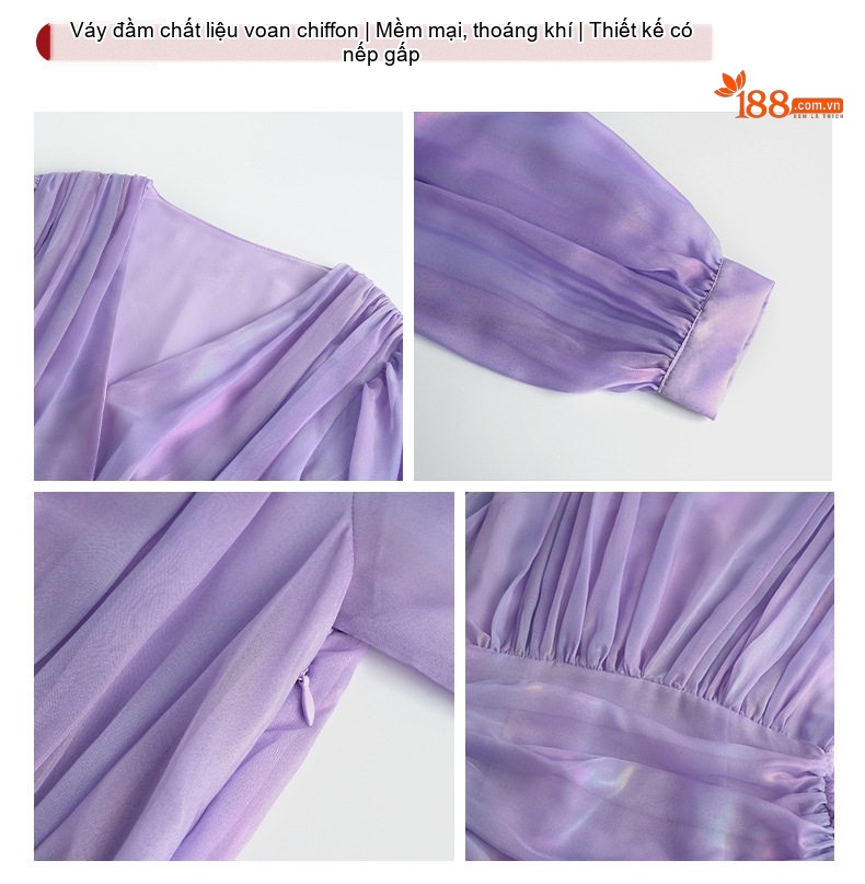 Đầm Ôm Body Nữ Cổ chữ V Xếp Ly Tay Phồng Màu Tím Ombre chi tiết 4
