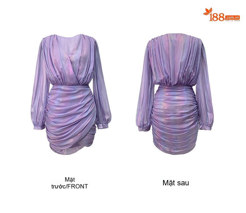 Đầm Ôm Body Nữ Cổ chữ V Xếp Ly Tay Phồng Màu Tím Ombre chi tiết 5