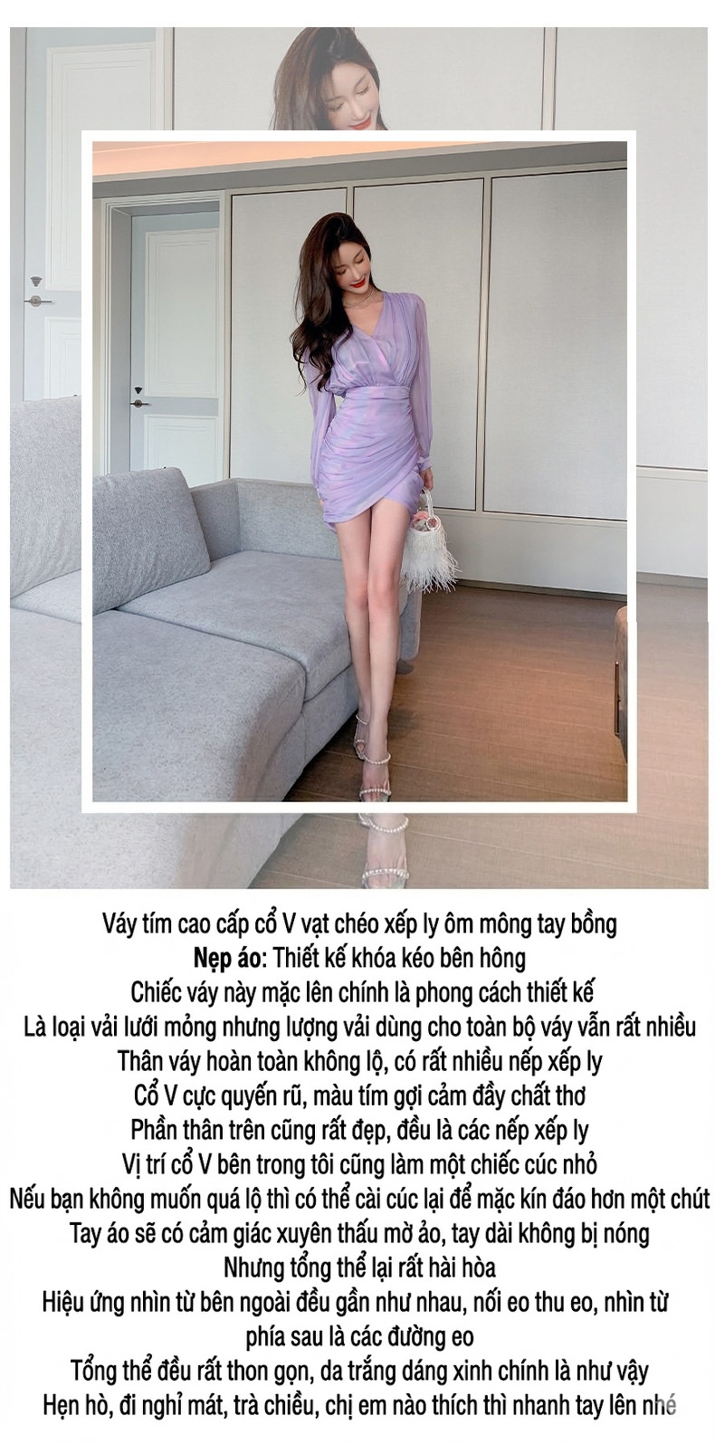 Đầm Ôm Body Nữ Cổ chữ V Xếp Ly Tay Phồng Màu Tím Ombre chi tiết 1