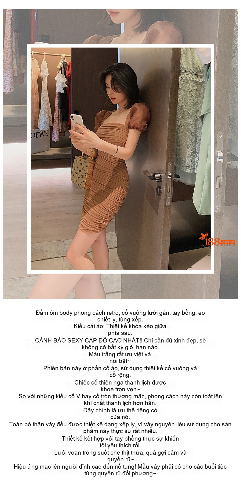 Đầm Ôm Body Nữ Cổ chữ Vuông Tay Ngắn Phồng Che Bụng Màu Nâu chi tiết 1