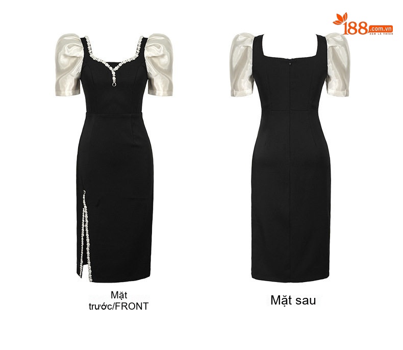 Đầm Ôm Body Nữ Cổ chữ Vuông Tay Phồng Đính Đá Phong Cách Thanh Lịch Màu Đen chi tiết 5