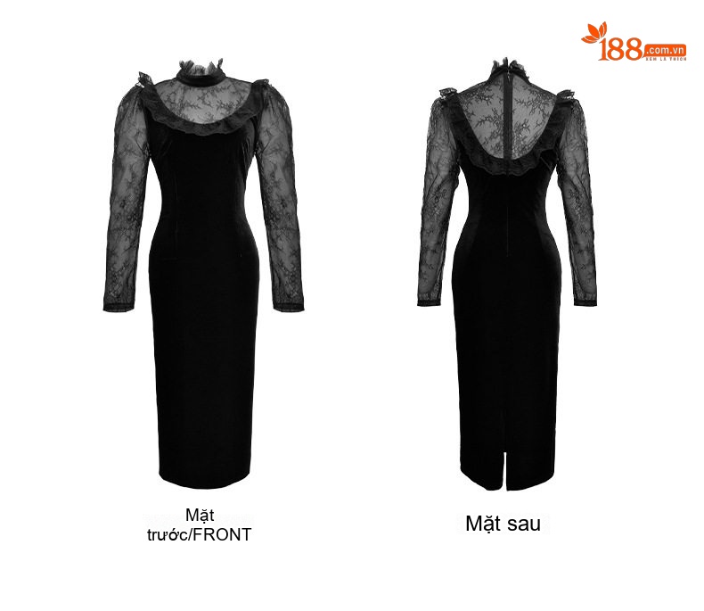 Đầm Ôm Body Nữ Cổ Lọ Tay Dài Phối Ren Quyến Rũ Màu Đen chi tiết 4