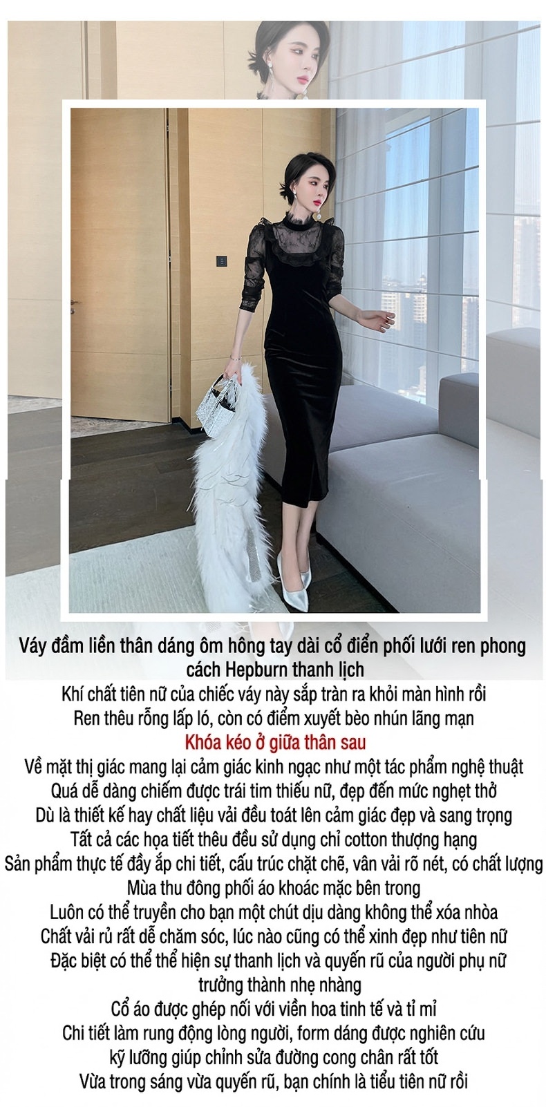 Đầm Ôm Body Nữ Cổ Lọ Tay Dài Phối Ren Quyến Rũ Màu Đen chi tiết 1